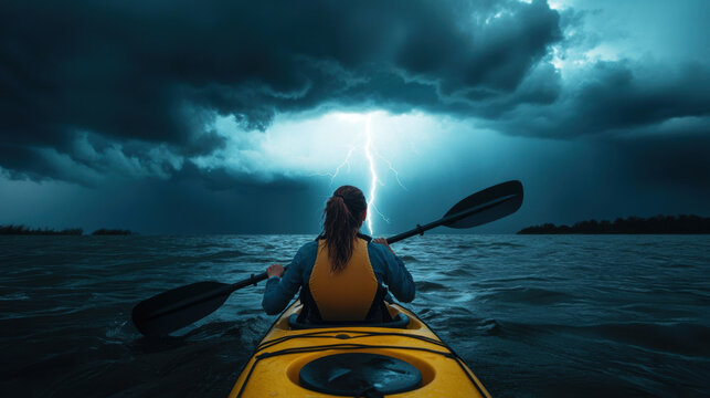 A person kayaking in sea water with lightning strick