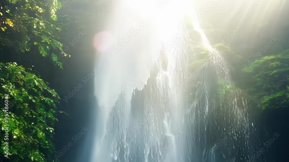 Aufkleber sunlight shining through mist at a lush waterfall, cascading down a cliff in a serene scene with flo