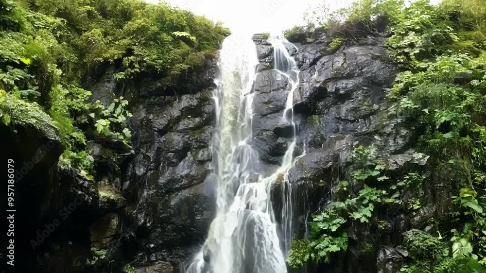 Poster majestic waterfall cascading down a steep cliff surrounded by vibrant green vegetation, creating a s