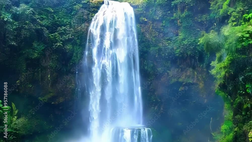Poster powerful waterfall is peacefully cascading into a pool of water surrounded by lush green forest crea