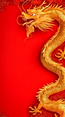A majestic golden dragon on a vibrant red background, symbolizing power and strength in Eastern mythology.