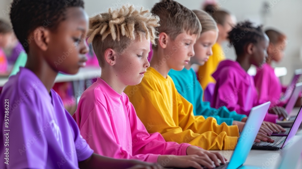 Leinwandbilder diverse middle school students collaborating on tech project in modern classroom with laptops during