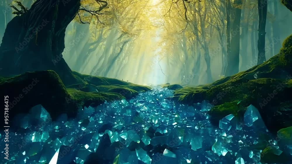 Aufkleber Sunbeams shine through mystical forest trees, illuminating a path with glowing blue crystals, creating a magical and serene atmosphere