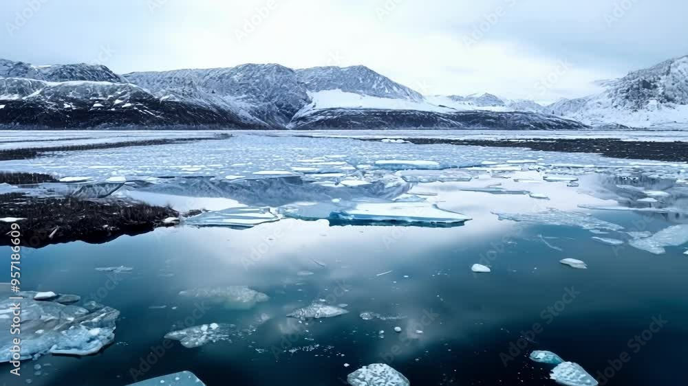 Aufkleber Broken ice is floating on a lake reflecting a mountain range on a cloudy winter day, creating a mystical and awe inspiring atmosphere