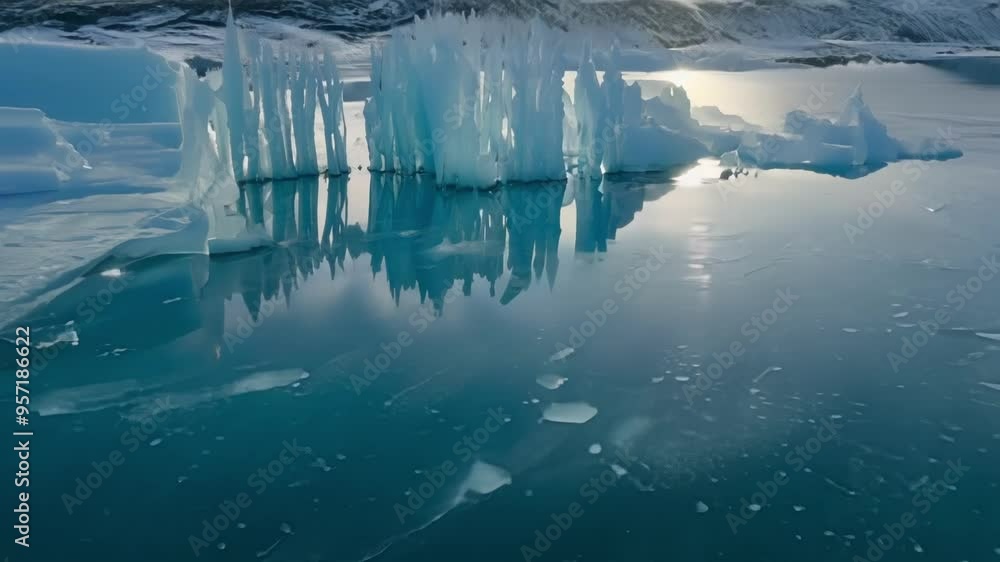 Aufkleber Stunning arctic landscape with icebergs reflecting on the calm surface of the ocean, creating a surreal and ethereal atmosphere