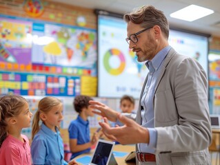 Obraz premium Male Teacher Engaging with Young Students on Interactive Whiteboard in Modern Classroom, Daytime, Bright, Collaborative Learning with Digital Devices