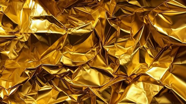 Crumpled gold foil texture with creases and folds, creating a luxurious and shiny abstract background.