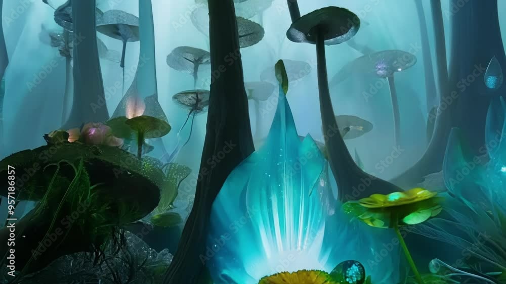 Poster Large glowing crystal is illuminating a mysterious forest with unusual plants. The mystical atmosphere evokes a magical and surreal world