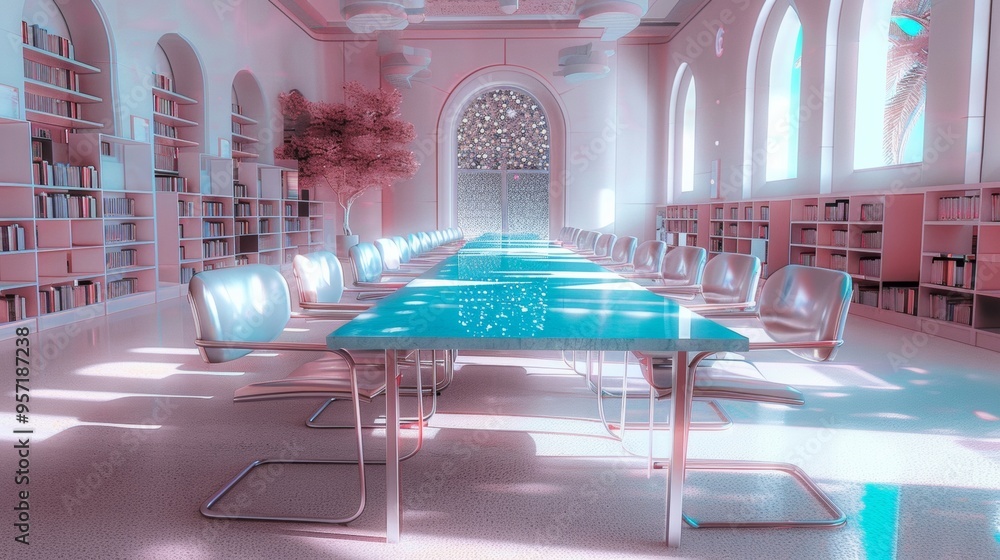 Aufkleber empty school library with modern tables and bookshelves bathed in soft natural light - ideal for edu