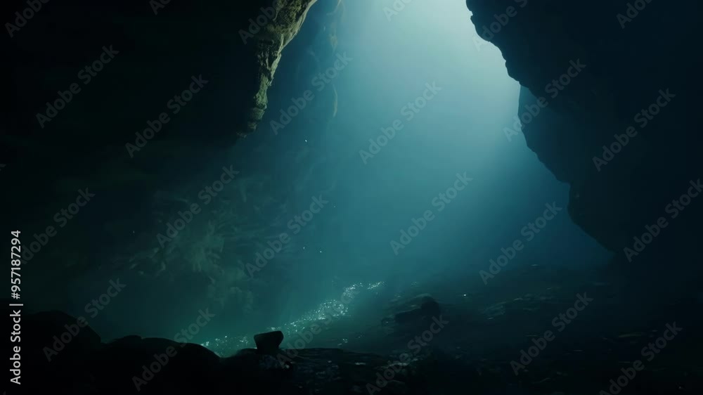 Aufkleber beam of light shines into a dark underwater cave, illuminating the water and creating a mysterious a