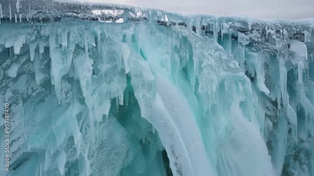 Poster Turquoise water flows from a frozen waterfall, creating a magical scene of ice and water in a winter wonderland. The icy cliff face is covered in icicles, adding to the fantasy like atmosphere