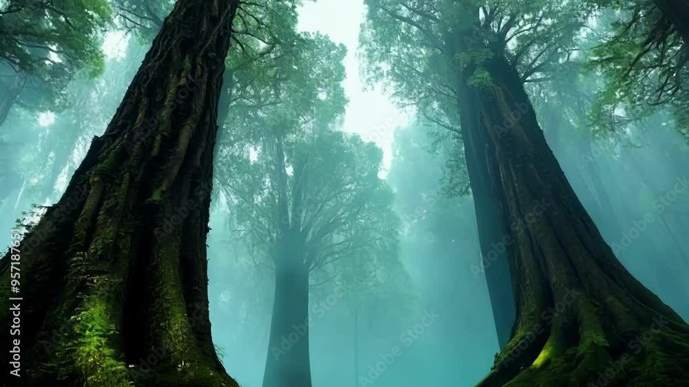Poster Sunbeams shining through the canopy of a mystical forest illuminating the low fog which is swirling between the massive trees covered by moss