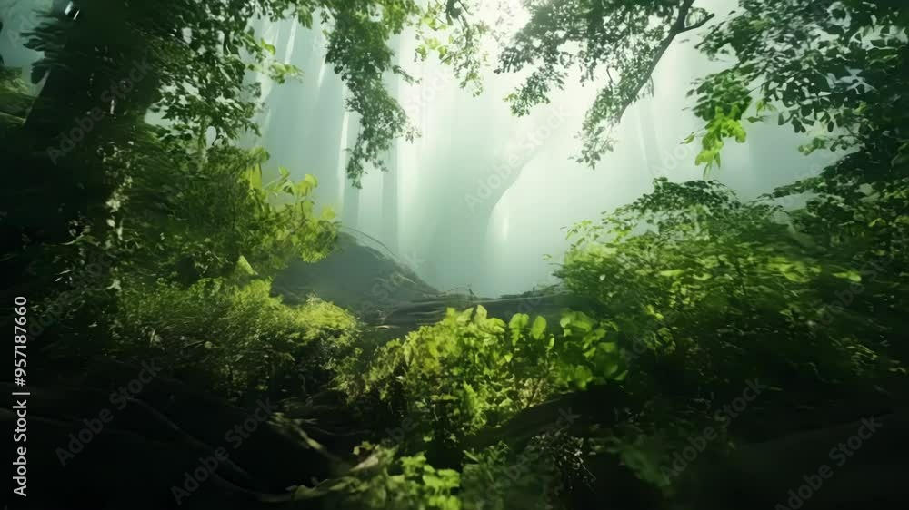 Aufkleber Sunlight filters through misty forest, casting magical glow on towering trees and massive roots, creating mysterious and serene atmosphere