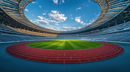 Empty Stadium with Curved Red Running Track and Vast Grandstands