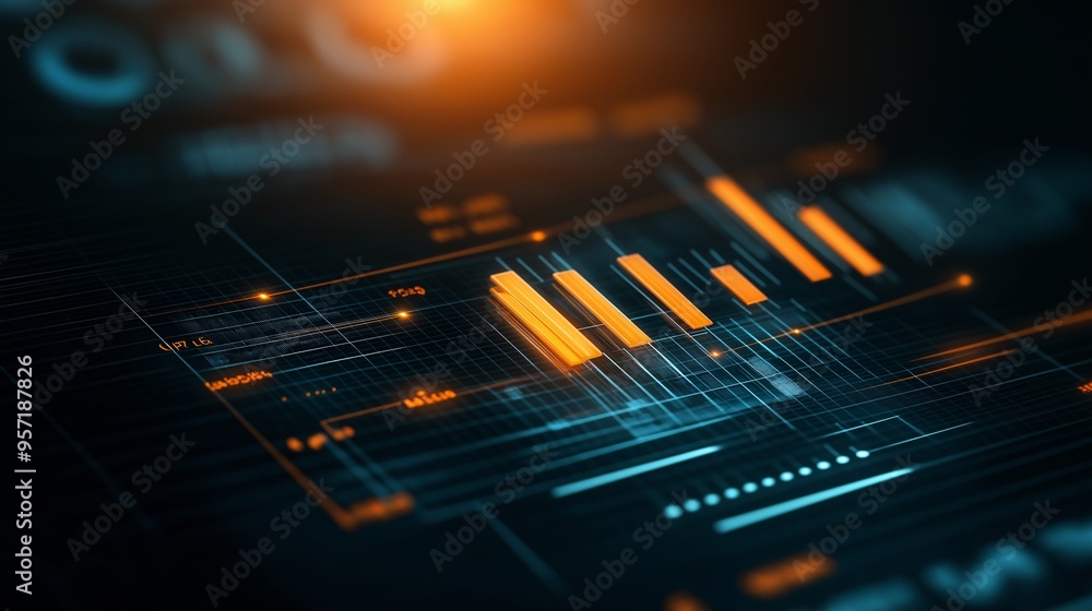 Aufkleber digital growth: abstract 3d rendering of a glowing orange bar graph ascending within a complex techn