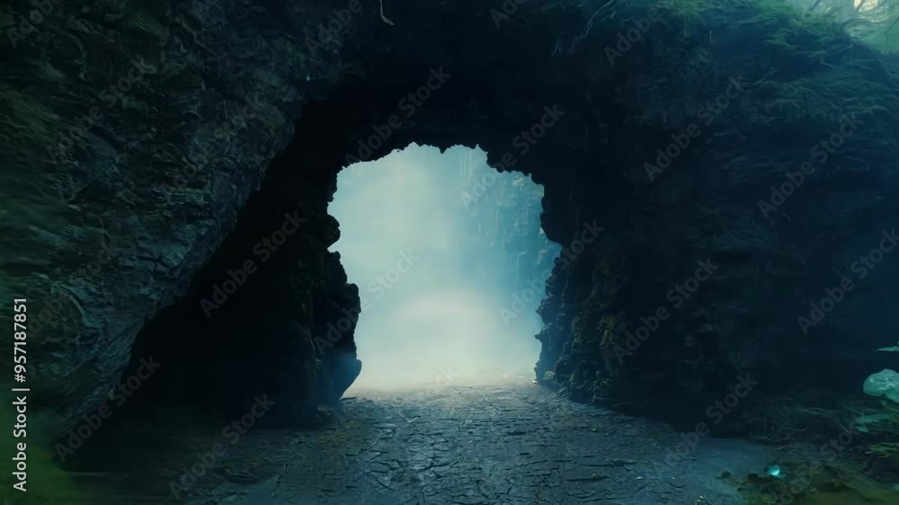 Aufkleber mysterious stone archway covered in moss is leading to a foggy forest with a wet stone path. the ima