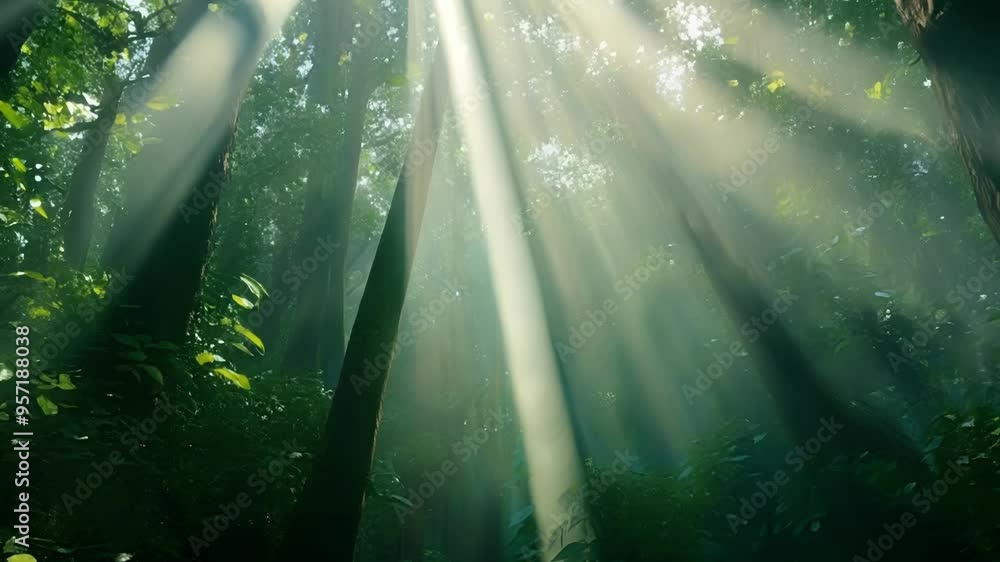 Aufkleber beams of sunlight are filtering through the thick canopy of a green forest, creating a mysterious an