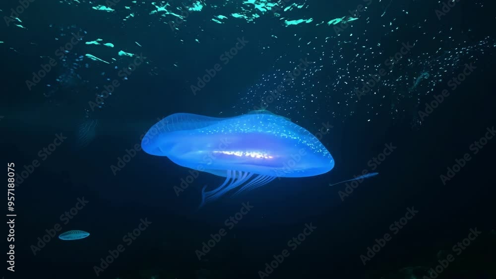 Poster Two glowing jellyfish gracefully glide through the dark ocean, creating a magical underwater scene. The vibrant colors and abstract patterns add an artistic touch to nature's beauty