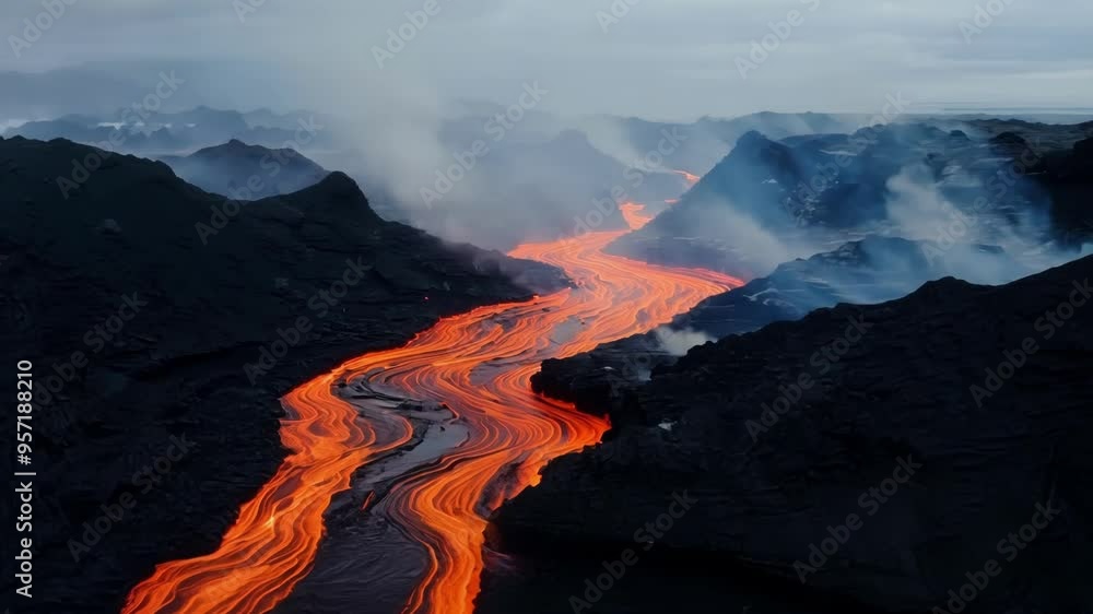 Poster mesmerizing river of lava flows between towering mountains in a volcanic landscape. glowing in shade