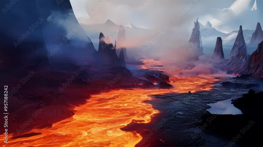 Poster river of lava flowing through a dark, rocky landscape with towering cliffs and a mysterious, etherea