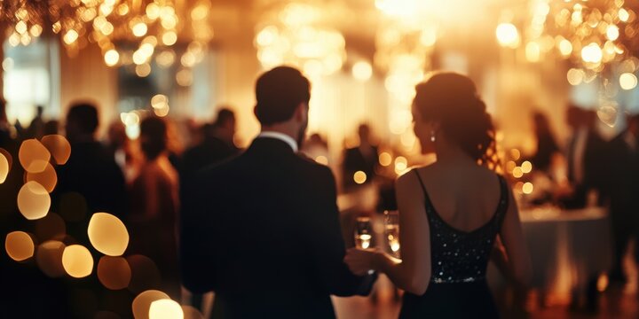 Blurred background of an elegant event with people dancing and socializing, captured in the soft light of the golden hour Generative AI