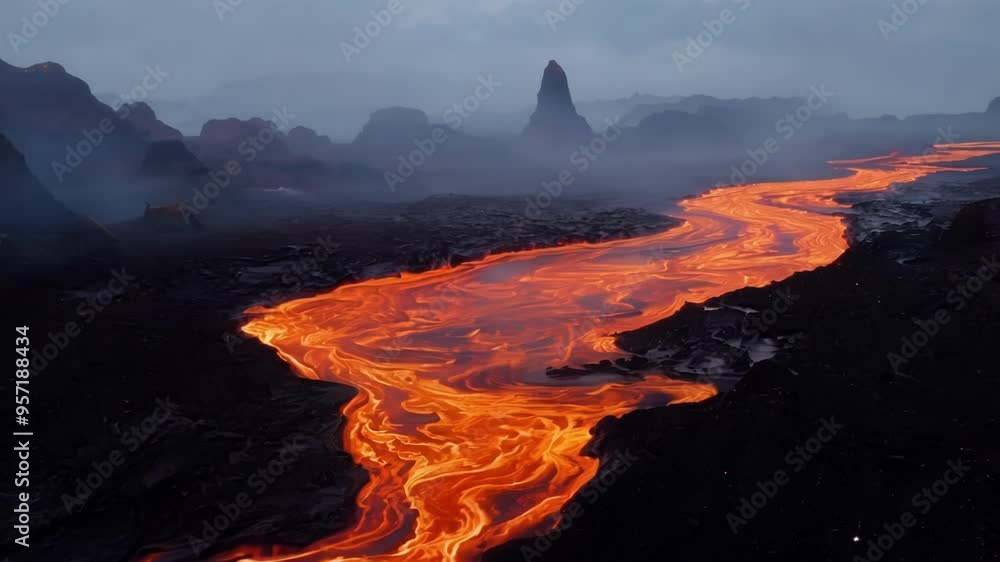 Poster river of lava flows through a black volcanic landscape, creating a mesmerizing and fiery scene. the 