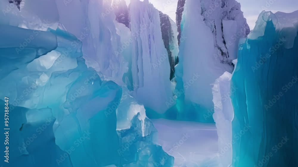 Poster mesmerizing turquoise ice formations in a frozen fantasy world, illuminated by clear light, showcase