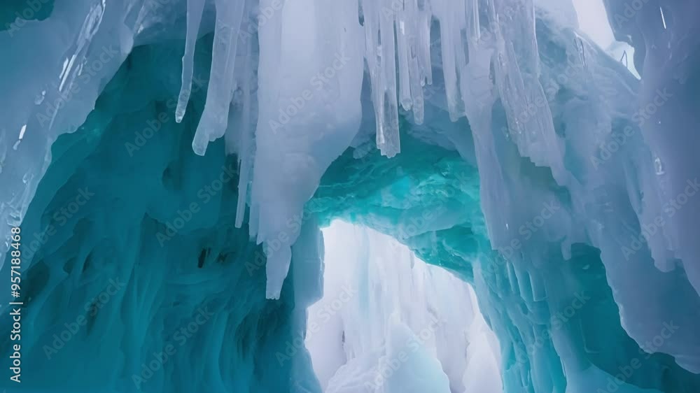Poster Turquoise blue ice cave with icicles hanging from the ceiling reflecting on the calm water surface, creating a magical and fantasy atmosphere