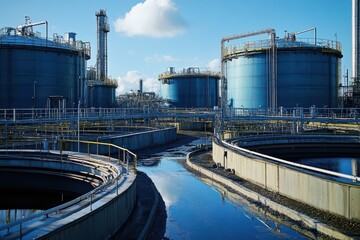 Obraz premium Industrial Facility with Cylindrical Storage Tanks and Metal Pipes