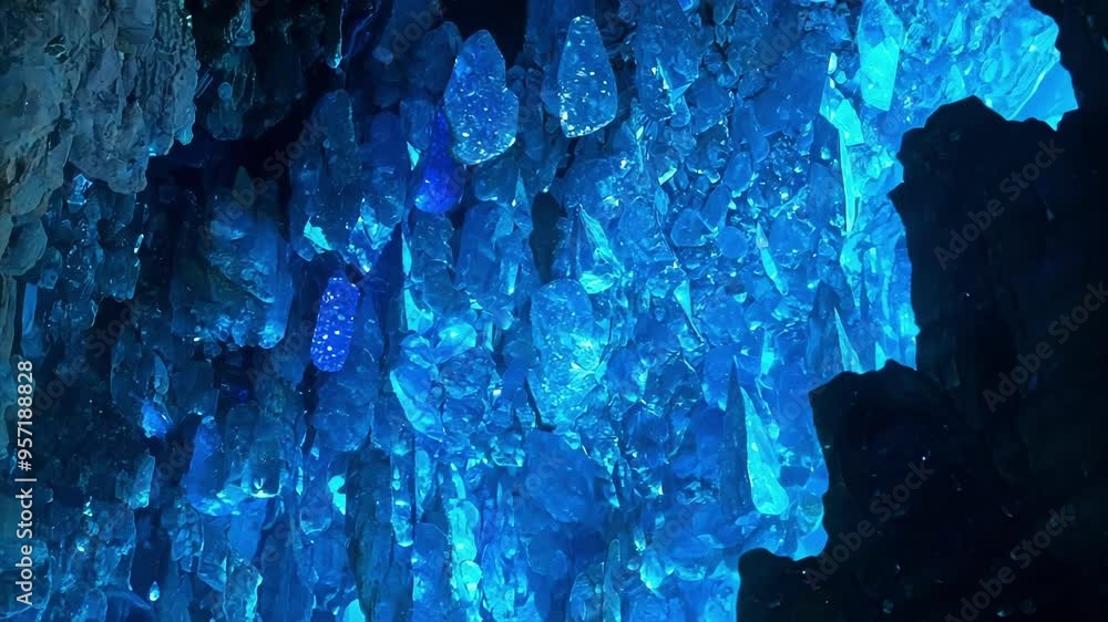 Poster exploring a mysterious cave with shimmering crystals in blue light, creating a magical atmosphere li