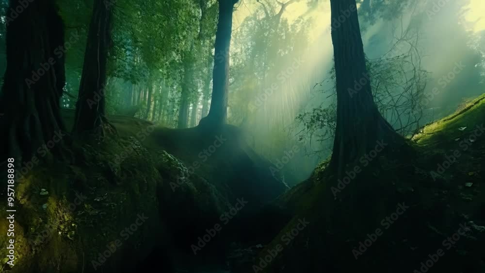 Aufkleber Sunbeams piercing through fog in a mysterious forest with lush vegetation, creating a magical and enchanting atmosphere