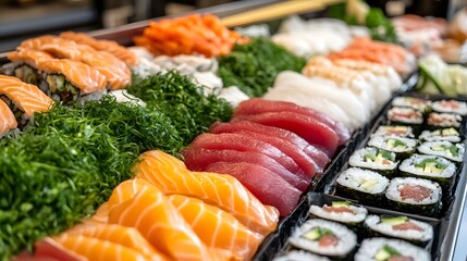 A variety of fresh sushi ingredients displayed on a sushi bar, including fish, vegetables, and seaweed