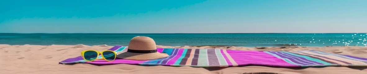 Summer Vacation Essentials on Sandy Beach Sun Hat, Sunglasses, and Beach Towel by the Ocean, Perfect Daytime Relaxation