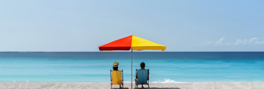 Relaxing Summer Vacation - Mid-Aged Couple Sunbathing on Colorful Beach Chairs Under Umbrella by the Ocean, Peaceful Getaway
