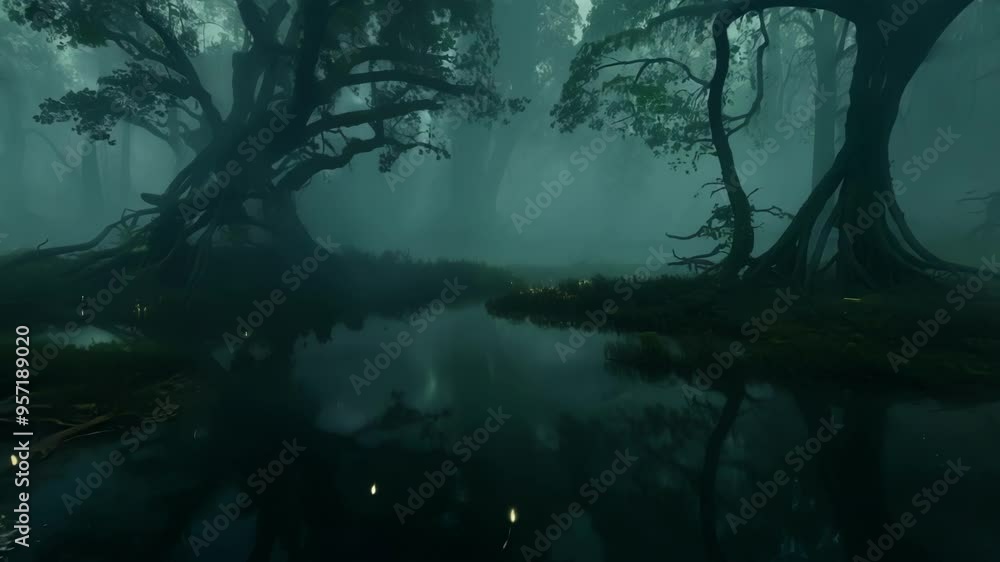 Poster spooky, magical forest at night with gnarled trees reflected in a swamp under eerie green lights, cr
