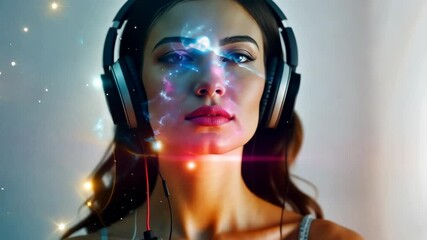 Woman with headphones immersed in music, with a cosmic, starry background, blending the theme of music with the universe.
