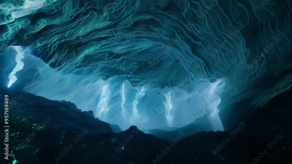 Aufkleber Exploring a dark. Eerie fantasy cave with a glowing light source at the end of a tunnel. Casting shadows on rocky formations