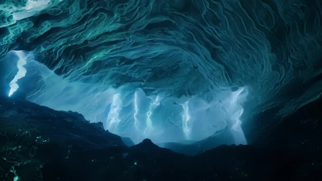 Exploring a dark. Eerie fantasy cave with a glowing light source at the end of a tunnel. Casting shadows on rocky formations