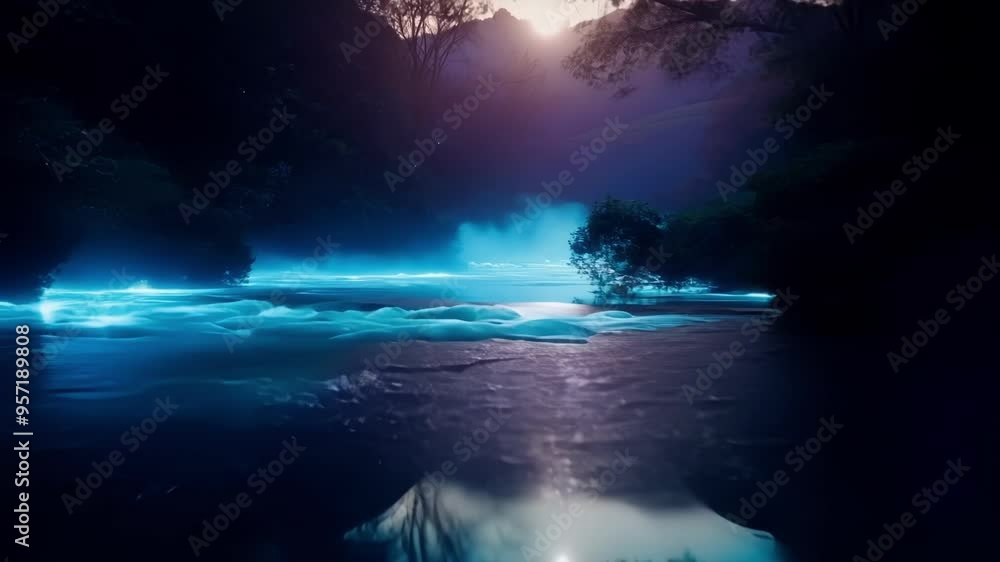 Aufkleber mystical river with glowing water is flowing through a magical forest at night, illuminated by the m