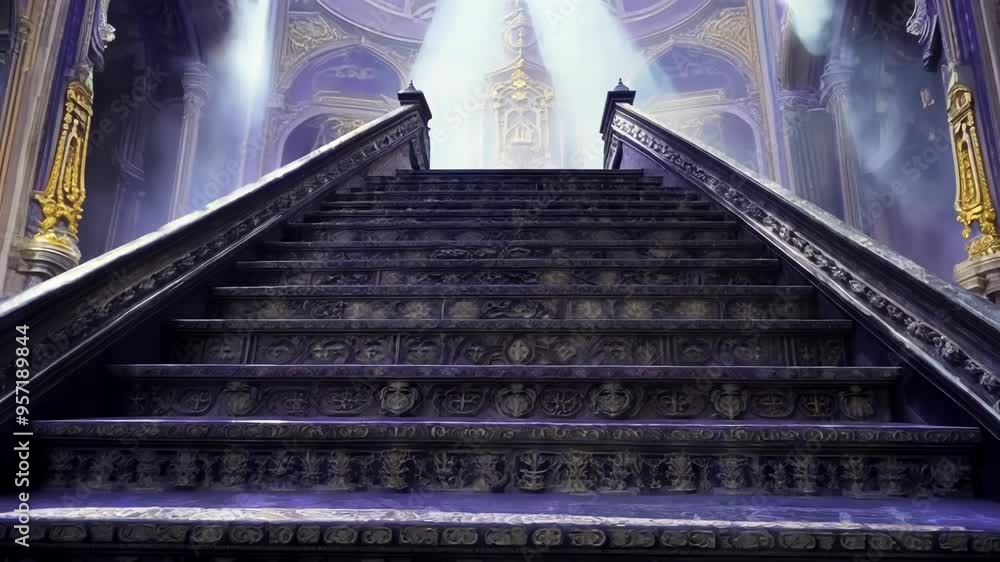 Poster intricately carved stone steps leading upward, suggesting a journey into a realm of grandeur and enc