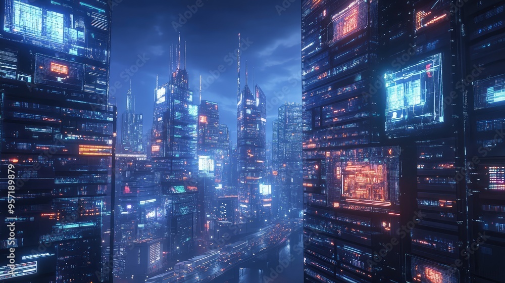 Poster a futuristic cityscape where mountains are made of stacked computer screens, with dynamic digital di