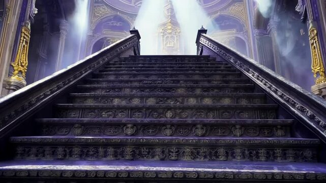 Intricately carved stone steps leading upward, suggesting a journey into a realm of grandeur and enchantment. The play of light and shadow adds to the mystique of this architectural marvel