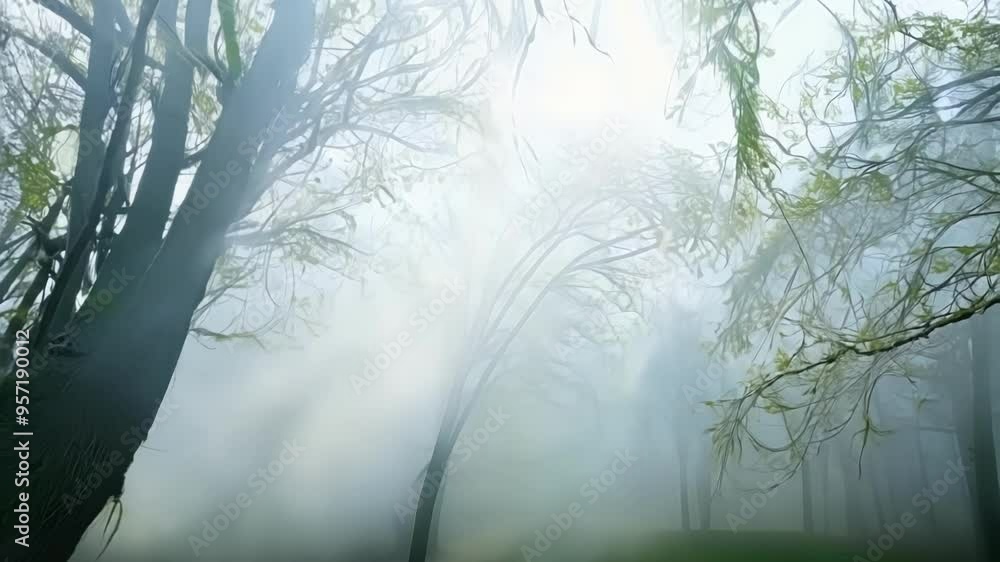 Poster green and brown colors emerge from a thick fog covering a mysterious forest, creating a magical and 