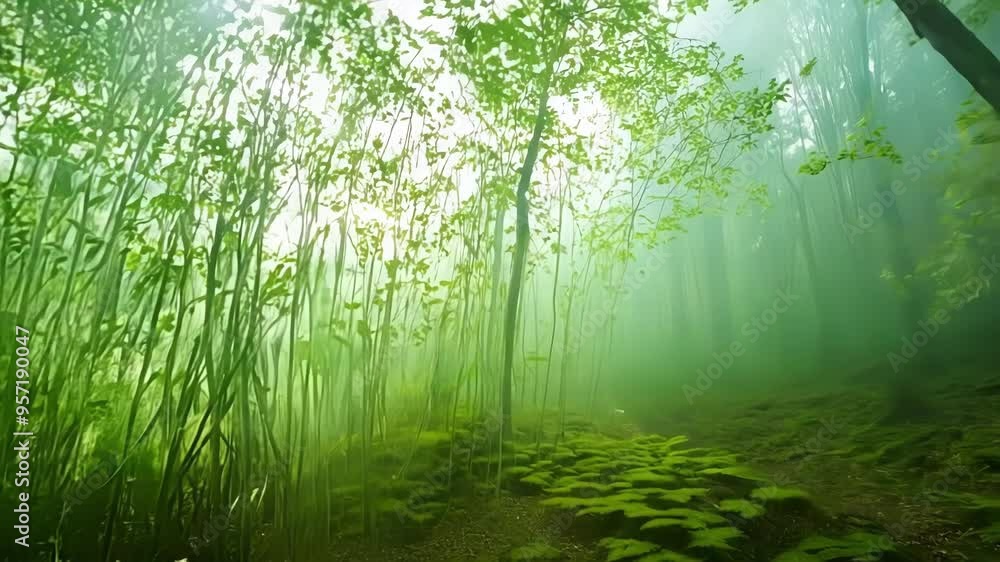 Fototapete sunlight filters through lush forest canopy, creating magical atmosphere with fog. nature thrives in