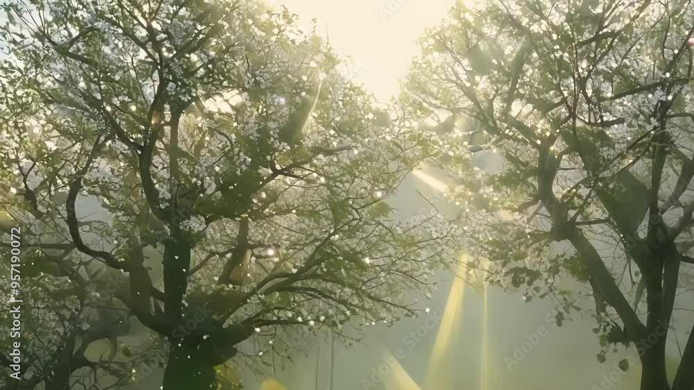 Poster Golden sunbeams filter through mystical fog, enveloping bare trees in a fantasy forest, creating a dreamlike atmosphere with green spring foliage