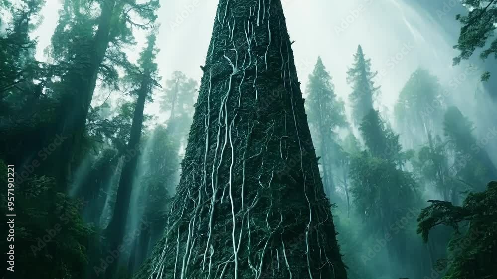 Poster mysterious atmosphere emerges from the fog growing around a majestic tree covered in lianas. the ima