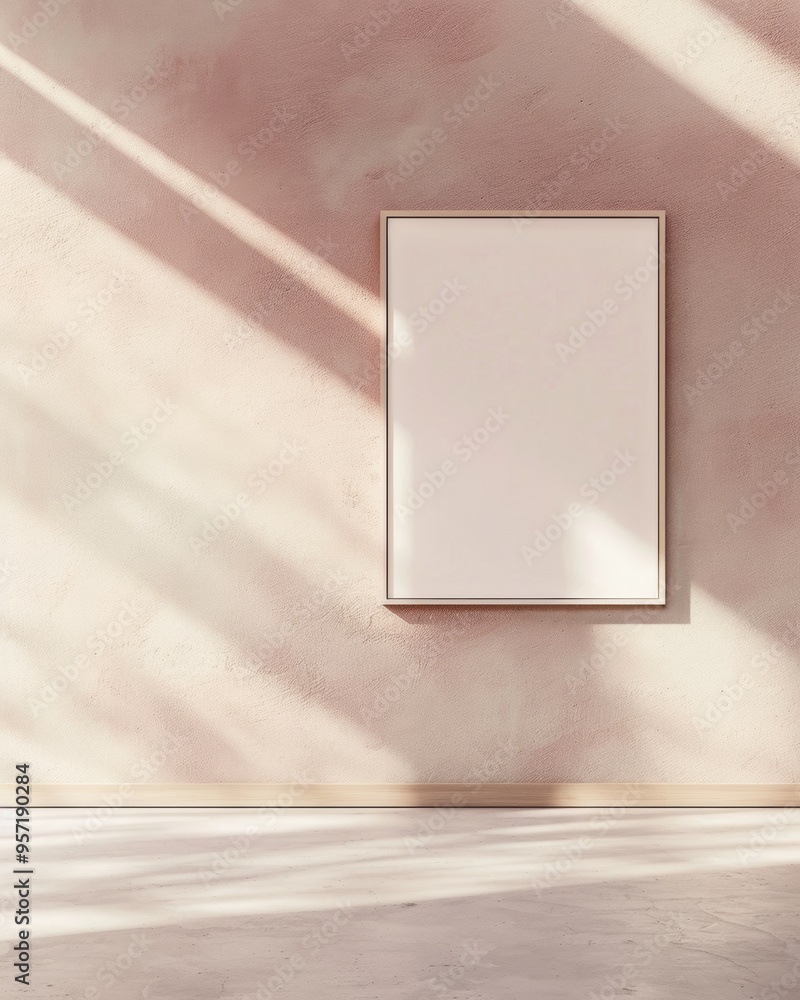 Poster minimalist indoor soft pink plaster wall with empty frame and concrete floor in serene morning light