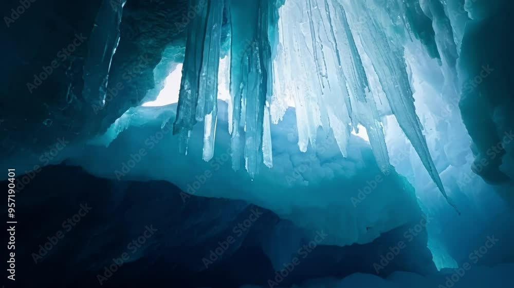 Poster sunlight filtering through a gap in the ice illuminates the turquoise blue interior of an ice cave, 