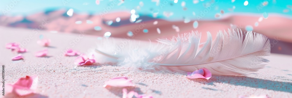Poster calm, serene surreal desert scene soft pink sand surface with pastel petals and white feather in eth