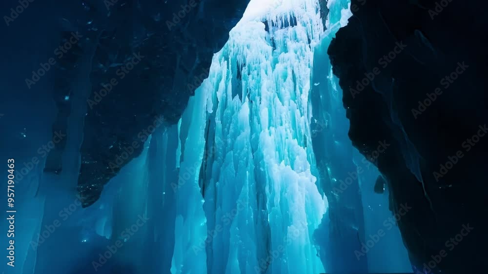 Wall mural Turquoise blue light is shining through a giant frozen waterfall, illuminating the dark black walls of an ice cave from inside